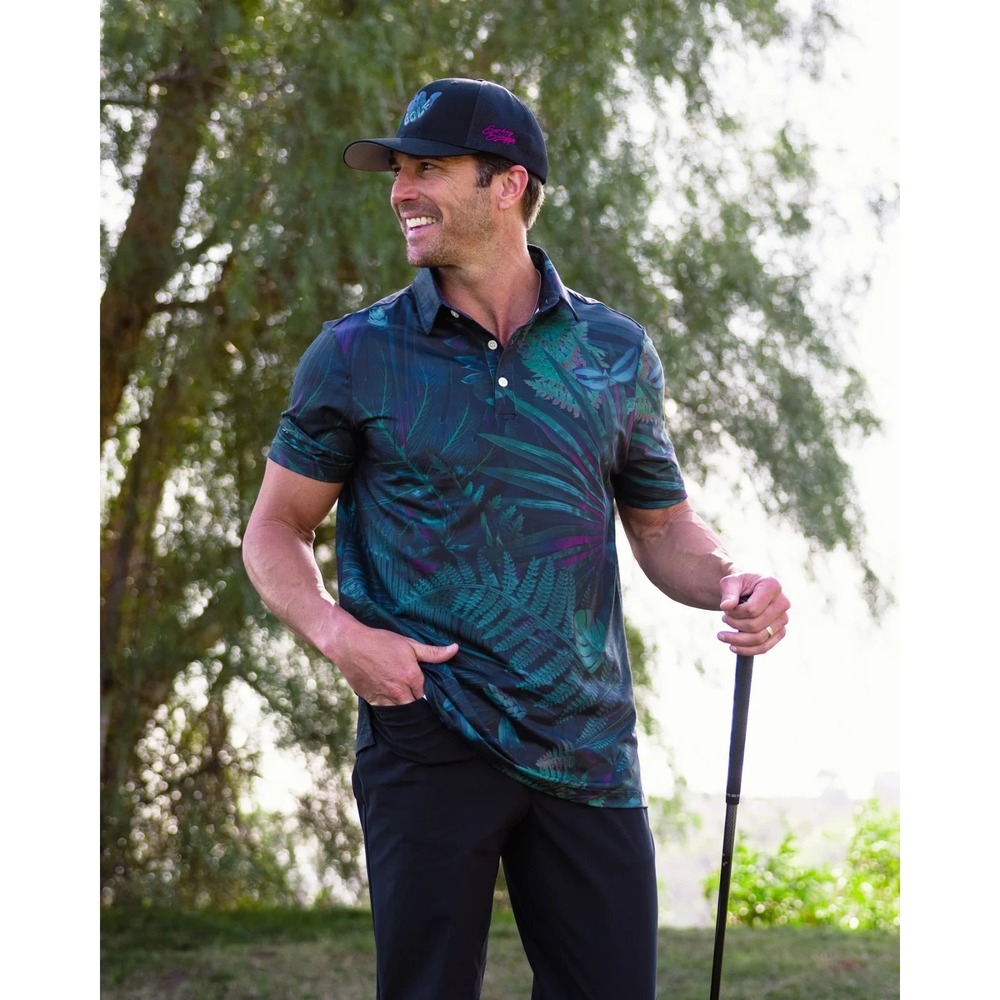 Sunday Swagger Congo Polo Shirt Mens Size L Golf AOP Dark Floral Leaf Print